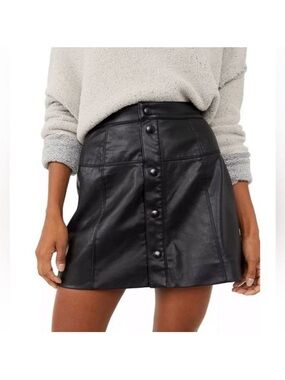 Free People Black Faux Leather Button-Front Mini Skirt